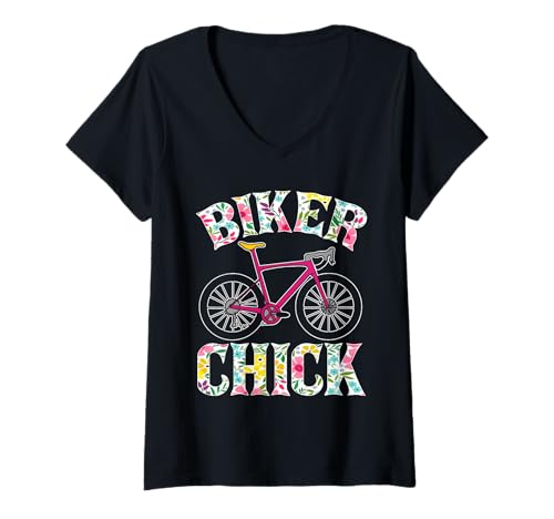Damen Biker Chick Floral Fahrradhemd Funny Bike Lovers Damen T-Shirt mit V-Ausschnitt Damen Biker Chick Floral Fahrradhemd Funny Bike Lovers Damen T-Shirt mit V-Ausschnitt von Female Cyclists and Bike Lovers Apparel