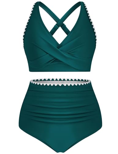 FemiChic Bikini Damen Set V Ausschnitt High Waist Große Oberweite Bauchweg Badeanzug Zweiteiler Sommer Bademode Sportlich Bikini-Sets(Cyan,M) von FemiChic