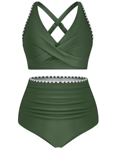 FemiChic Bikini Damen Set V Ausschnitt High Waist Große Oberweite Bauchweg Badeanzug Zweiteiler Sommer Bademode Sportlich Bikini-Sets(Grün,XXL) von FemiChic