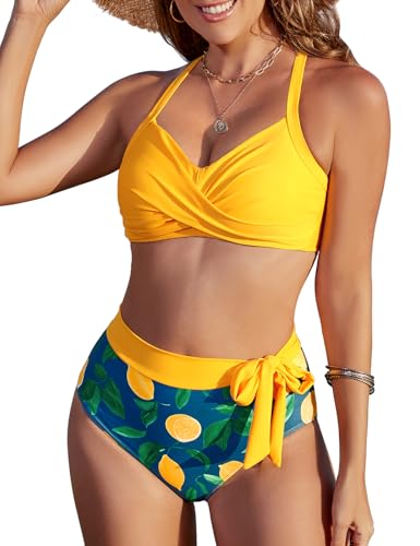 FemiChic Bikini Damen Set Bauchweg Push Up Oberteil High Waist Bikinihose Sommer Zweiteiliger Twist Front mit Cups Vintage Blumenmuster Swimsuit(Gelb,M) von FemiChic