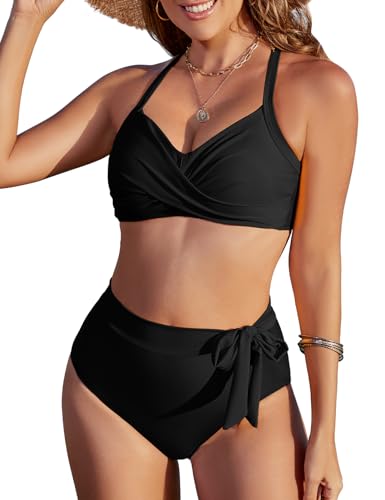 FemiChic Bikini Damen Set Bauchweg Push Up Oberteil High Waist Bikinihose Sommer Zweiteiliger Twist Front mit Cups Vintage Blumenmuster Swimsuit(Schwarz,S) von FemiChic