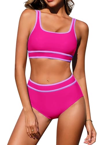 FemiChic Bikini Damen Set Bauchweg High Waist Zweiteiliger Badeanzug Push Up Oberteil mit Cups Sport Bademode Große Größe Bikinihose Colour-Blocking Swimsuit(Rosa,S) von FemiChic