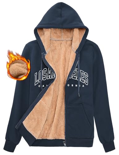 FemiChic Hoodie Damen Fleecejacke Jacke Herbst Winter Sweatjacke mit Kapuze Warm Damen-Jacken Pullover Gross Grössen Kapuzenpullover Sweatshirt mit Zipper(Marineblau,L) von FemiChic