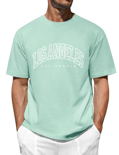 FemiChic Oversized Tshirt Herren Basic Baumwolle T-Shirt Men's Coole Shirt Sommer mit Los Angles Kreatives Alphabet Classic Vintage Style(Grün,XXL) von FemiChic