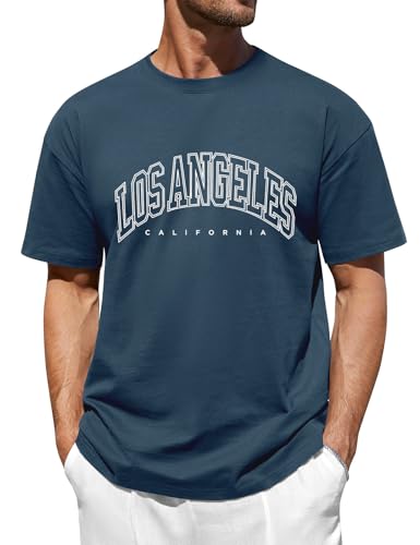 FemiChic Oversized Tshirt Herren Basic Baumwolle T-Shirt Men's Coole Shirt Sommer mit Los Angles Kreatives Alphabet Classic Vintage Style(Marineblau,L) von FemiChic