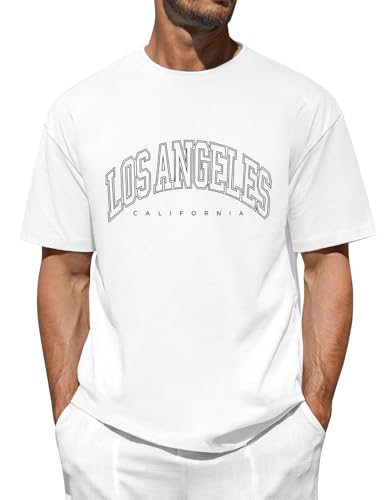 FemiChic Oversized Tshirt Herren Basic Baumwolle T-Shirt Men's Coole Shirt Sommer mit Los Angles Kreatives Alphabet Classic Vintage Style(Weiß,M) von FemiChic