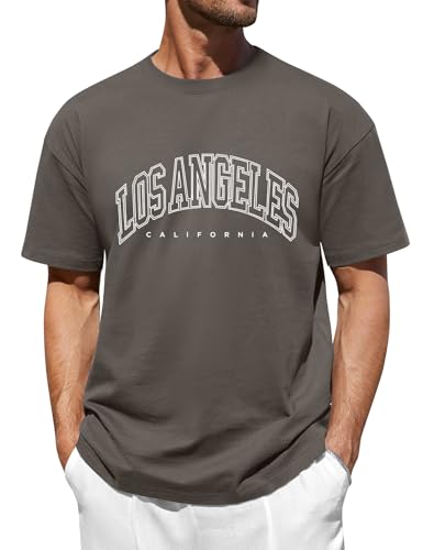 FemiChic Oversized Tshirt Herren Basic Baumwolle T-Shirt Men's Coole Shirt Sommer mit Los Angles Kreatives Alphabet Classic Vintage Style(Grau,XL) von FemiChic