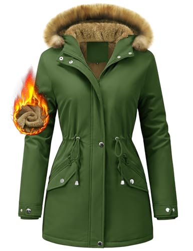 FemiChic Winterjacke Damen Lang Wintermantel Warm Mantel Parka Jacke Gefüttert Winter Grosse Grössen Winterparka Softshellmantel Wasserdicht Übergangsjacke Winterjacken Outdoor(Armeegrün,S) von FemiChic
