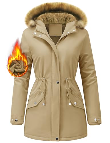 FemiChic Winterjacke Damen Lang Wintermantel Warm Mantel Parka Jacke Gefüttert Winter Grosse Grössen Winterparka Softshellmantel Wasserdicht Übergangsjacke Winterjacken Outdoor(Khaki,M) von FemiChic