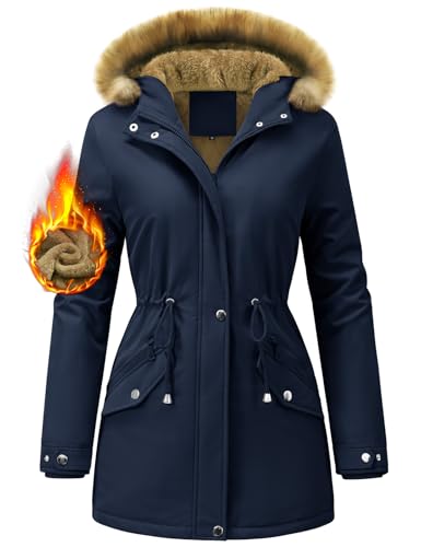 FemiChic Winterjacke Damen Lang Wintermantel Warm Mantel Parka Jacke Gefüttert Winter Grosse Grössen Winterparka Softshellmantel Wasserdicht Übergangsjacke Winterjacken Outdoor(Marineblau,M) von FemiChic