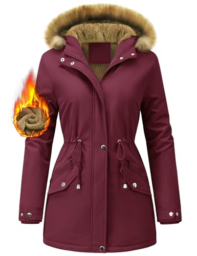FemiChic Winterjacke Damen Lang Wintermantel Warm Mantel Parka Jacke Gefüttert Winter Grosse Grössen Winterparka Softshellmantel Wasserdicht Übergangsjacke Winterjacken Outdoor(Weinrot,L) von FemiChic