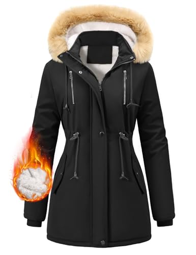 FemiChic Winterjacke Damen Warm Wintermantel Lang Mantel mit Fellkapuze Dicke Damen-Mäntel mit Fell Gefüttert Parka Winterparka Übergangsjacke Winterjacken Herbst Winter Coat(Schwarz,S) von FemiChic