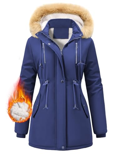 FemiChic Winterjacke Damen Warm Wintermantel Lang Mantel mit Fellkapuze Dicke Damen-Mäntel mit Fell Gefüttert Parka Winterparka Übergangsjacke Winterjacken Herbst Winter Coat(Marineblau,S) von FemiChic