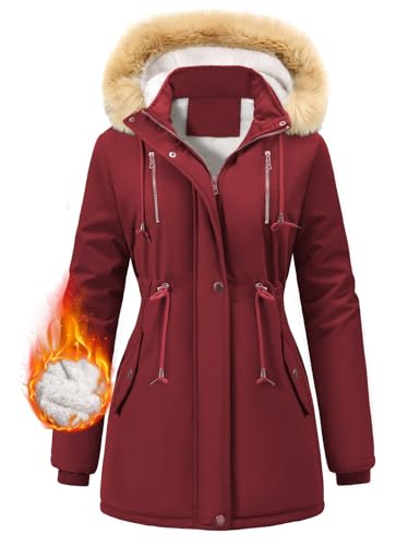 FemiChic Winterjacke Damen Warm Wintermantel Lang Mantel mit Fellkapuze Dicke Damen-Mäntel mit Fell Gefüttert Parka Winterparka Übergangsjacke Winterjacken Herbst Winter Coat(Weinrot,XL) von FemiChic