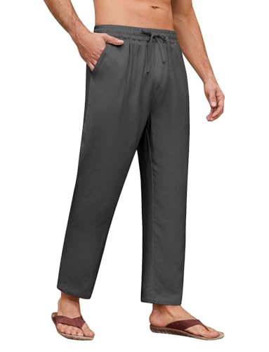 Femihchic Leinen Ankle Pants Herren Sommer Outfit Freizeithose Langhose für Männer Strandhose Urlaub Alltag mit Elastikbund und Kordelzug(Dunkelgrau,XXL) von FemiChic