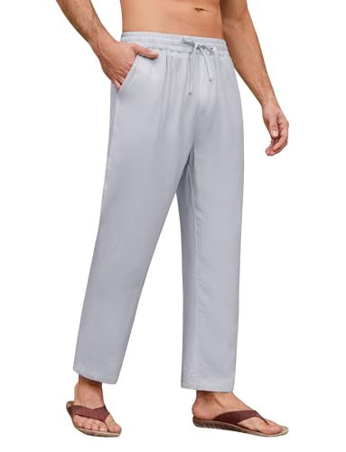 Femihchic Leinen Ankle Pants Herren Sommer Outfit Freizeithose Langhose für Männer Strandhose Urlaub Alltag mit Elastikbund und Kordelzug(Grau,L) von FemiChic