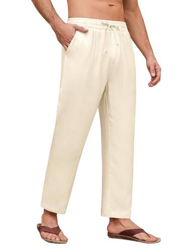 Femihchic Leinen Ankle Pants Herren Sommer Outfit Freizeithose Langhose für Männer Strandhose Urlaub Alltag mit Elastikbund und Kordelzug(Beige,XXL) von FemiChic