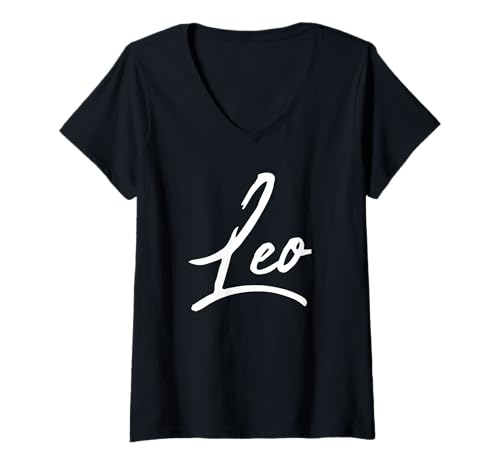 Damen Beautiful Handwritten Font Leo Calligraphy T-Shirt mit V-Ausschnitt von Feminine Leo Gift Ideas for Her
