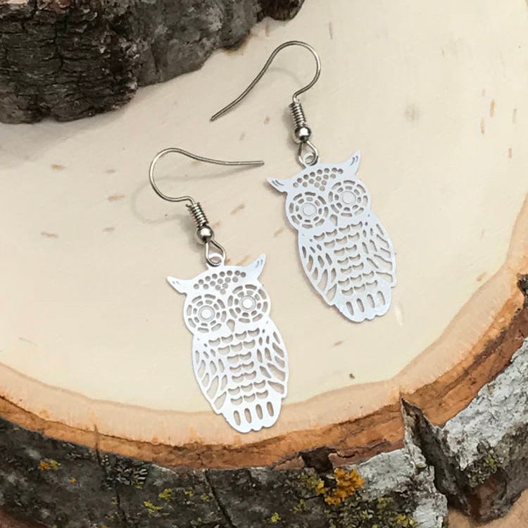 Eulen Ohrringe, Ohrringe Silber Eule, Zarte Eule Baumeln Und Drop Boho von FeminineEdgeFinds