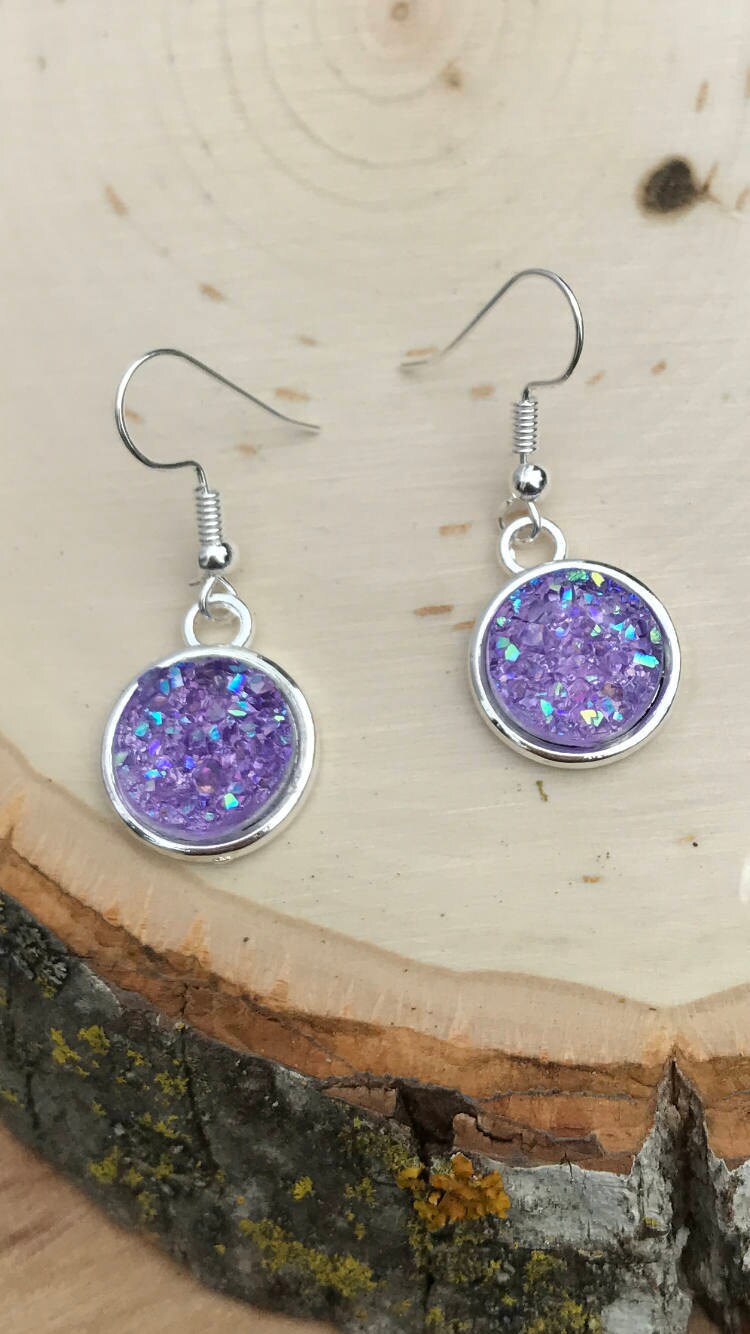 Glitzernde Lila Druzy Ohrringe, Und Silber Ohrhänger, Rosa Glitzer Ohrringe von FeminineEdgeFinds