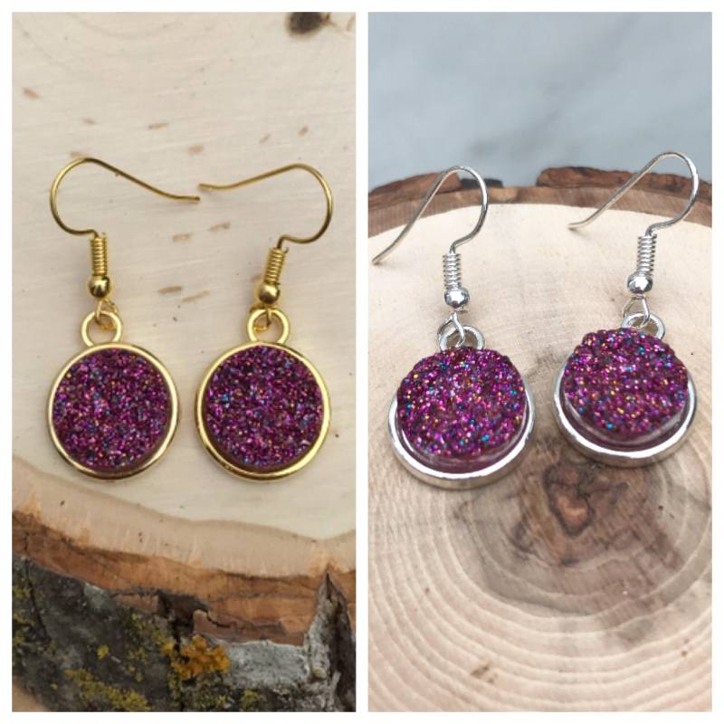 Lila Druzy Ohrringe, Prickelnde Lila Baumelt, Glitzer Silber Gold Ohrhänger von FeminineEdgeFinds