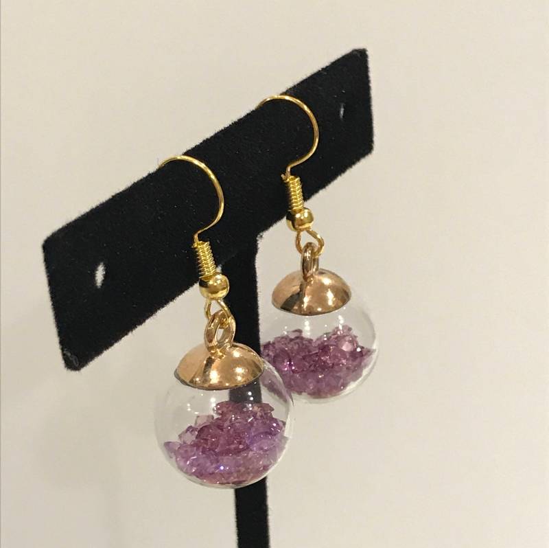 Lila Strass Ohrringe, Glaskugel Baumeln Purpur Und Gold Prickelnde Lila Kugel Ohrhänger von FeminineEdgeFinds