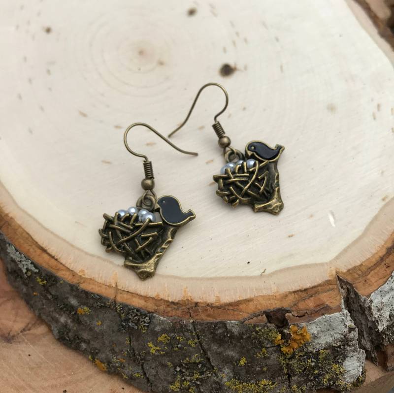 Vogel Ohrringe, Bronze Mutter Mit Nest Ohrringe von FeminineEdgeFinds