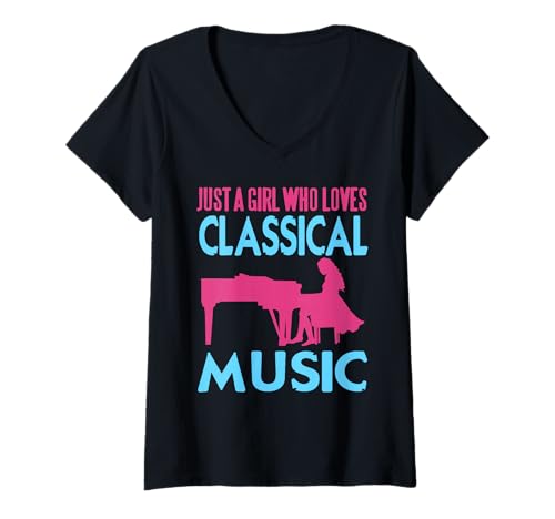 Damen Mädchen Liebt Klassische Musik Klavierspielerin T-Shirt mit V-Ausschnitt Damen Mädchen Liebt Klassische Musik Klavierspielerin T-Shirt mit V-Ausschnitt von Femininer Klassik Klavier Fans Look