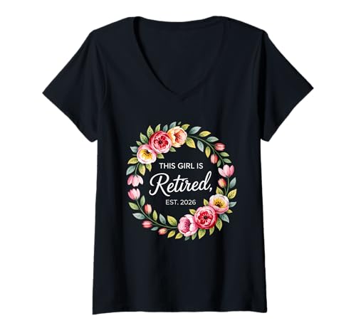 Damen This Girl is Retired Est 2026 Blumenkranz Ruhestand Frau T-Shirt mit V-Ausschnitt Damen This Girl is Retired Est 2026 Blumenkranz Ruhestand Frau T-Shirt mit V-Ausschnitt von Femininer Meilenstein Ruhestand Feier 2026