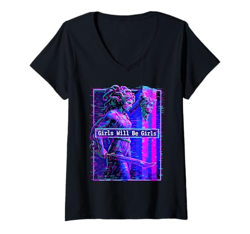 Damen Girl Will Be Girls Medusa, Vaporwave Glitch Feministische Frauen T-Shirt mit V-Ausschnitt Damen Girl Will Be Girls Medusa, Vaporwave Glitch Feministische Frauen T-Shirt mit V-Ausschnitt von Feminism Girl Will Be Girls Medusa