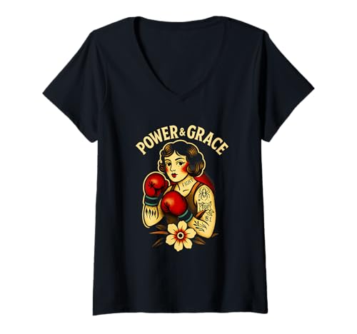 Damen Traditionelles Tattoo Power & Grace feministisches Vintage-Boxershorts T-Shirt mit V-Ausschnitt Damen Traditionelles Tattoo Power & Grace feministisches Vintage-Boxershorts T-Shirt mit V-Ausschnitt von Feminist Empowerment Gift Old School Tattoo Shirt