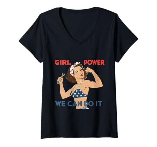 Damen Girl Power We Can Do It Rosie Riverter Pin-Up-Kunst im Retro-Look T-Shirt mit V-Ausschnitt von Feminist Proud Women Power