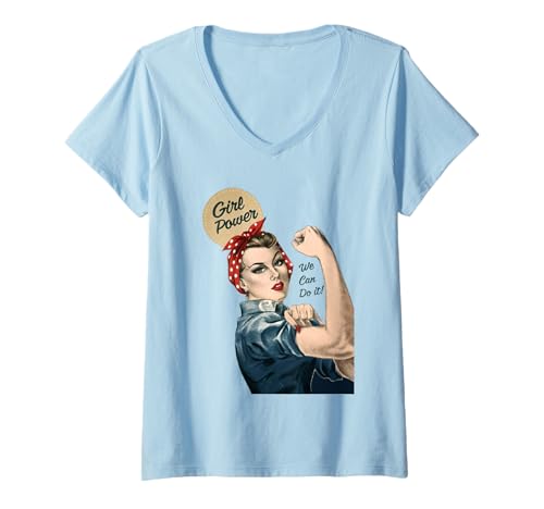 Damen Girl Power We Can Do It Rosie Riverter Pin-Up-Kunst im Retro-Look T-Shirt mit V-Ausschnitt von Feminist Proud Women Power