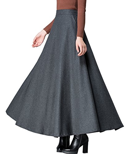 Femiserah Langer Maxirock für Damen, Wolle, A-Linie, Herbst, Winter, karierter Rock, GRAU, Mittel von Femiserah