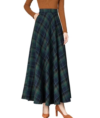 Femiserah Damen Lang Maxi Wolle A Linie Rock Herbst Winter Plaid Rock - Grün - Klein von Femiserah