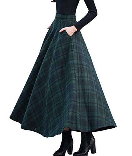 Femiserah Damen Langer Maxi Wolle A Linie Rock Herbst Winter Plaid Rock, Grün kariert, Mittel von Femiserah