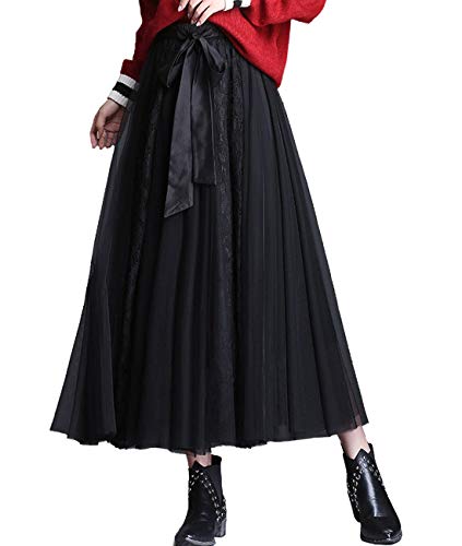 Femiserah Damen Langer Regenbogen A Linie Tüll Tutu Röcke Stufenrock Petticoat, Spitze schwarz, Einheitsgröße von Femiserah
