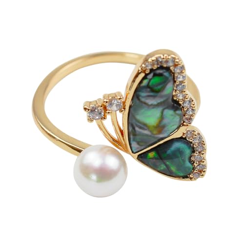 Femmorya Schmetterling Perlenring - Offener Ring mit grüner Abalone-Schmetterling und Süßwasserperle von Femmorya