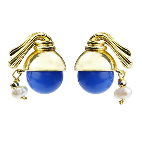 Tiefblaue Perlen Ohrstecker Damen mit K-Gold-Beschichtung und 925 Silberstift – Eleganter Ohrschmuck mit Achat und Süßwasserperlen für Büro Party Alltag von Femmorya