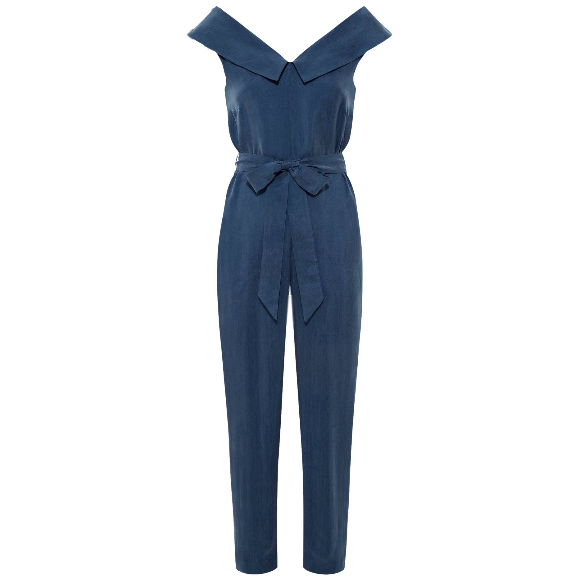 Off Shoulder Belted Vegan Jumpsuit (Dark Denim Blue) von Femponiq