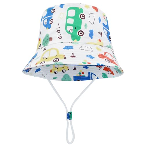 FenFang Sonnenhut Baby Kinder, Fischerhut Kind Jungen Mädchen, Sonnenmütze mit Kinnriemen, Eimerhut Strandhut Kappe Mütze Frühling Sommer (as3, Age, 2_Years, 4_Years, Weißes Auto) von FenFang