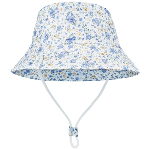 FenFang Sonnenhut Baby Kinder, Fischerhut Kind Jungen Mädchen, Sonnenmütze mit Kinnriemen, Eimerhut Strandhut Kappe Mütze Frühling Sommer (as3, Age, 4_Years, 8_Years, Blaue Blume) von FenFang