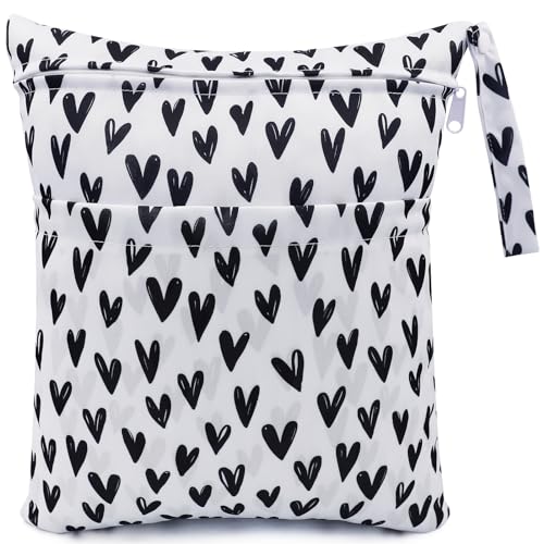 FenFang Stoffwindeln Nasstaschen, Windeltasche Wetbags Wickeltasche Naßtasche Nassbeutel Organiser Taschen Große Wiederverwendbare wasserdichte mit Reißverschluss für Baby Reisen (Weißes Herz) von FenFang