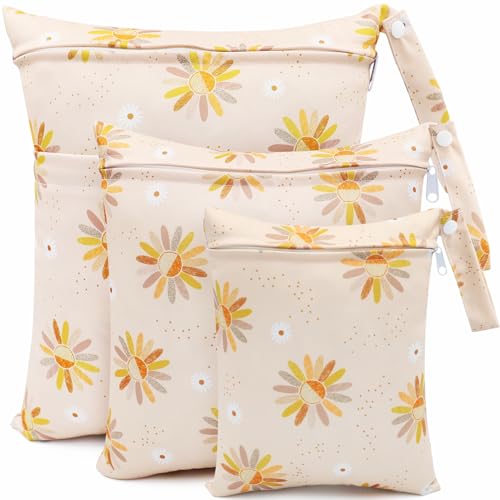 FenFang Windeltasche Nasstaschen, 3 Stück Wetbag Stoffwindeln Organiser Taschen, Beutel Wickeltasche Nasssack Wäschebeutel Kindergarten Naßtasche Nassbeutel Wiederverwendbare Baby (Gelbe Blume) von FenFang
