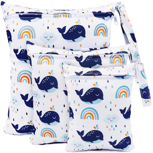 FenFang Windeltasche Wetbag, 3 Stück Stoffwindeln Nasstaschen, Nasssack Wäschebeutel Kindergarten, Wickeltasche Naßtasche Nassbeutel Organiser Beutel Wiederverwendbare wasserdichte (Weisser Wal) von FenFang