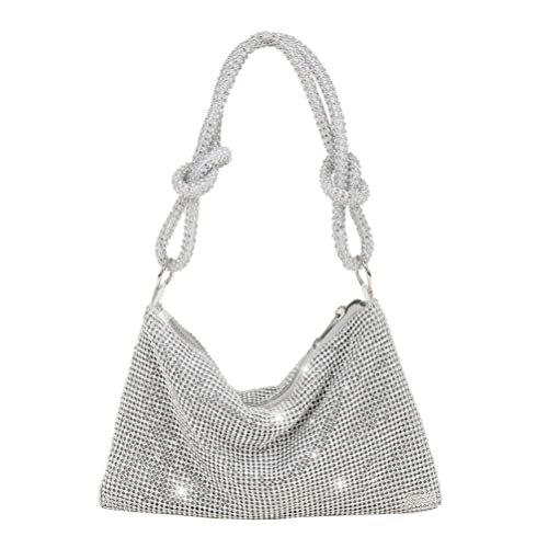 Fencelly Strass-Hobo-Tasche Damen, schicke Abend-Handtasche, glänzende Geldbörse, Handtaschen, Party, Club, Abschlussball, Hochzeit, Geldbörse, Schultertasche, Silber, silber, von Fencelly