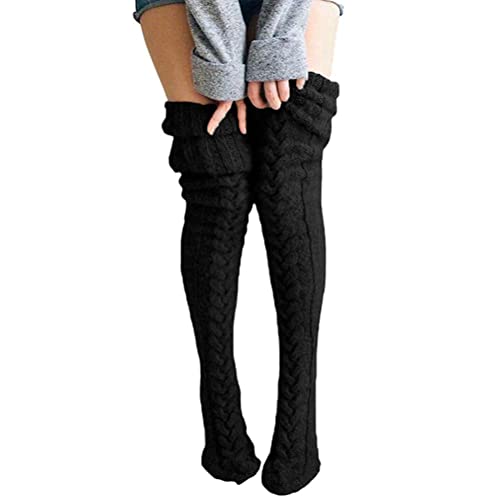 Fencelly Winter-Strick-Overknee-Strümpfe, für Damen und Mädchen, Oberschenkelhoch, Overknee-Strümpfe, geflochtene Strick, lange Socken für den täglichen Gebrauch, Schwarz von Fencelly