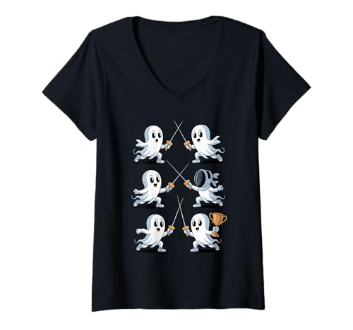 Damen Halloween Geist Fechten Schwert Fechter Zäune T-Shirt mit V-Ausschnitt Damen Halloween Geist Fechten Schwert Fechter Zäune T-Shirt mit V-Ausschnitt von Fencing Gift For A Fencer