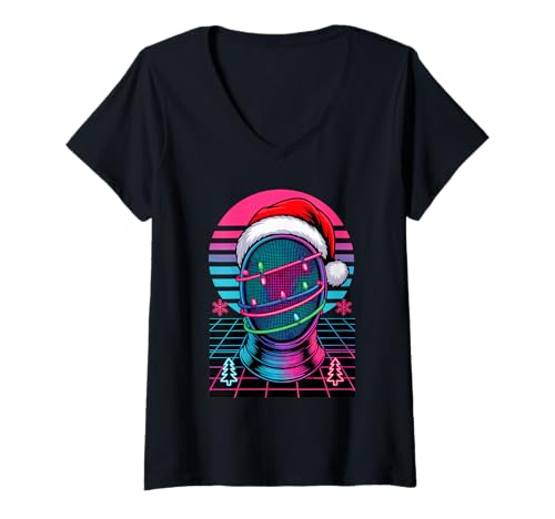 Damen Weihnachten Synthwave Fechten Helm Schwert Fechter T-Shirt mit V-Ausschnitt Damen Weihnachten Synthwave Fechten Helm Schwert Fechter T-Shirt mit V-Ausschnitt von Fencing Gift For A Fencer