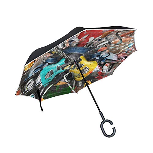 Regenschirm in Form von Collage, Musik, Farbe, Gitarre, doppelschichtig, winddicht, selbststehend, UV-Schutz, nicht automatisch, großer gerader Regenschirm mit C-förmigem Griff für Autoregen von Fender